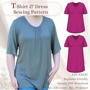 Cartamodello PDF per t-shirt casual e abito midi con scollo arricciato