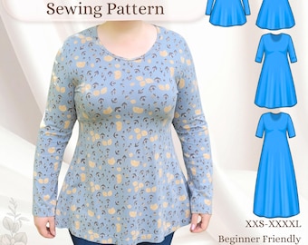 Modèle de haut et de robe en tricot ajusté et évasé - Patron de couture PDF avec 4 longueurs de manches et 3 longueurs de jupe - Facile pour les débutants