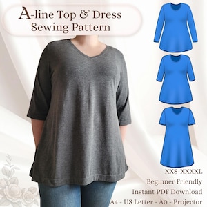 May include: A charcoal gray A-line top with a V-neckline and three-quarter length sleeves. The image includes text reading A-line Top & Dress Sewing Pattern, XXS-XXXXL, Beginner Friendly, Instant PDF Download, A4 - US Letter - A0 - Projector.