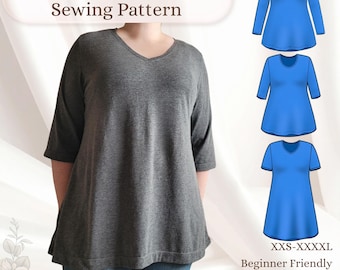 A-line Top & Knee length Dress PDF Sewing Pattern with rounded and V-neckline