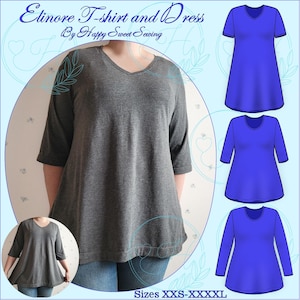 A-Linie Shirt & Knielanges Kleid PDF Schnittmuster mit abgerundetem Ausschnitt und V-Ausschnitt