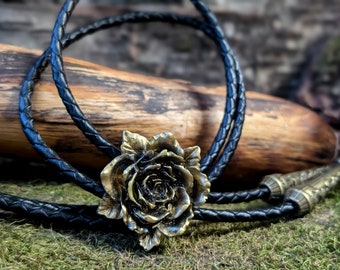Handmade Golden Rose Bolo Tie – Genuine Leather, Western Goth Necklace