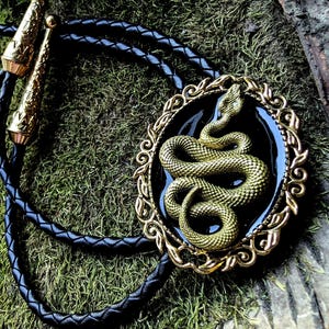 May include: A black bolo tie with a gold-toned snake design pendant. The snake is coiled and has a green and gold finish. The pendant is set in a black oval with a gold-toned ornate frame.