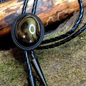 Handmade Black Onyx Gold BOLO TIE - Tigers Eye- Genuine leather -Bronze -Bola Wedding- GIFTS for Men Women Necktie- Western goth