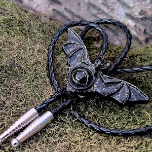 Black BAT bolo TIE -metallic purple bat -  Wedding necklace - Goth - Western Cowboy Necktie - Unique Jewelry - Handmade