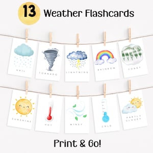 Flashcards de clima, Flashcards educacionais de aquarela Montessori, atividade para impressão pré-escolar, download digital