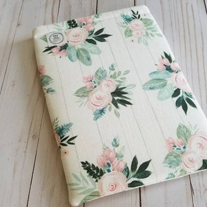 Padded Kindle Sleeve - Book and E-Reader/Tablet Sleeve - Protective Padded Cover - Mint and Pink Floral Shiplap