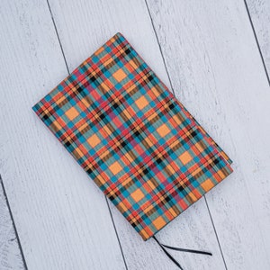 Adjustable Dust Jacket, Fabric Book Jacket, Protective Book Jacket - Orange and Turquoise Plaid