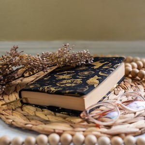 Adjustable Dust Jacket, Fabric Book Jacket, Protective Book Jacket - Gold Witchy