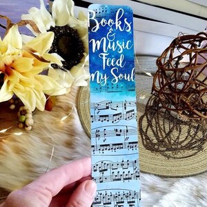 Handcrafted 2x8 Bookmark - Durable Laminated Design on Heavyweight Cardstock - Books and Music Feed My Soul