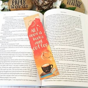 Handcrafted 2x8 Bookmark - Durable Laminated Design on Heavyweight Cardstock - Books and Coffee