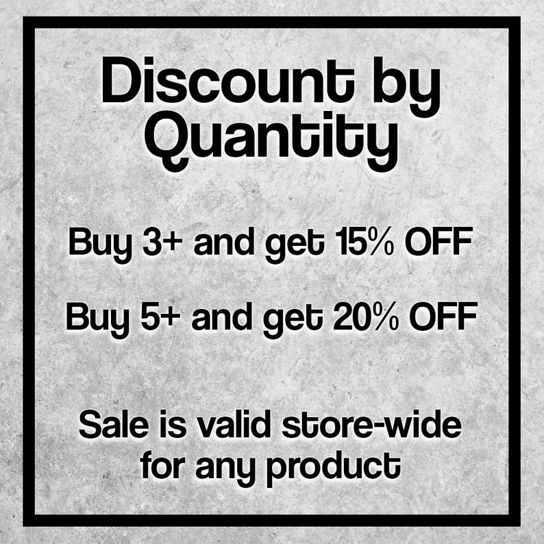 May include: A promotional graphic with the text "Discount by Quantity." It offers 15% off when you buy 3+ items and 20% off when you buy 5+ items. The sale applies store-wide to any product.