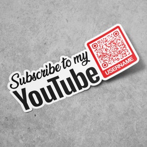 Puede incluir: Pegatina blanca con texto negro que dice "Subscribe to my YouTube" y un código QR rojo con el texto "USERNAME" debajo.