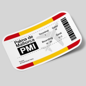 Palma Mallorca Sticker, Ticket Airport Sticker, Travel Sticker Waterproof for Suitcase, Water Bootle, Car, Laptop, Helmet etc..