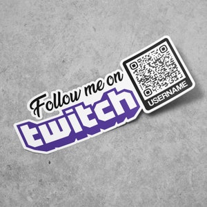 Pode incluir: Etiqueta branca com o texto "Follow me on Twitch" em preto, com a palavra "Twitch" em roxo. Um código QR em preto e branco com o texto "USERNAME" está no lado direito da etiqueta.