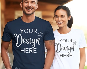 Couple Mockup Bella Canvas 3001 Mockup for Multiple Shirt Mockup T-Shirt Mockup Navy Bella Canvas Man and Woman Outdoor Mockup White Shirt