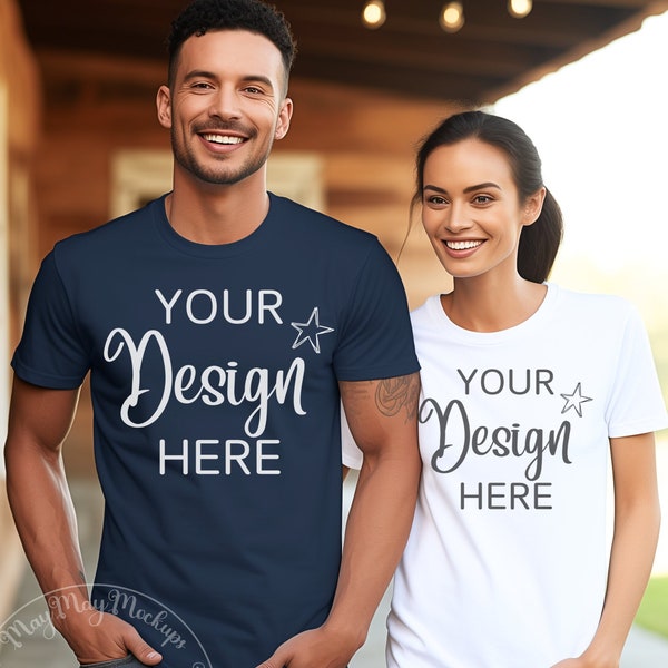 Couple Mockup Bella Canvas 3001 Mockup for Multiple Shirt Mockup T-Shirt Mockup Navy Bella Canvas Man and Woman Outdoor Mockup White Shirt