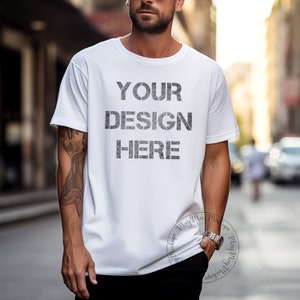 Male Model Gildan White 5000 Mockup For a Man White Mockup Gildan Men&#39;s Tshirt Mockup White Gildan 5000 T Shirt Mockup for Men Manly Mockup