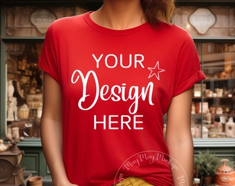 Bella Canvas 3001 Red T-shirt Mockup Female Model Mock Up, Bella Red Tshirt Mock, Trendy Lifestyle