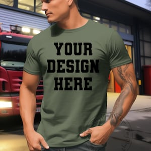Men&#39;s Bella Canvas 3001 Military Green Mockup For Man Bella Canvas Male Manly Mockup Tshirt Fireman Firefighter Mock up T-Shirt 3001 Tee