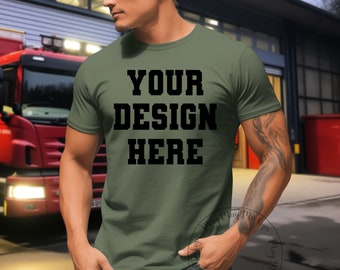 Men&#39;s Bella Canvas 3001 Military Green Mockup For Man Bella Canvas Male Manly Mockup Tshirt Fireman Firefighter Mock up T-Shirt 3001 Tee