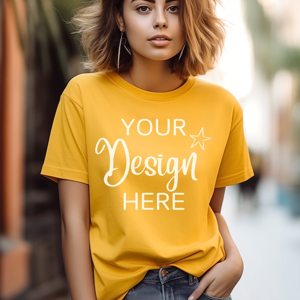 Bella Canvas 3001 Gold, 3001 Bella Canvas Mockup Female, Bella Tshirt Mockup, 3001 Mock Up, Lifestyle Mockup, Bella 3001 Gold Mockup Woman