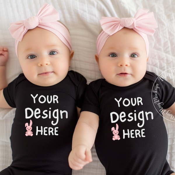 Twin Babies Rabbit Skins Black Bodysuit Baby Girls Mock up Infant Bodysuit Black Romper Mockup Rabbit Skins