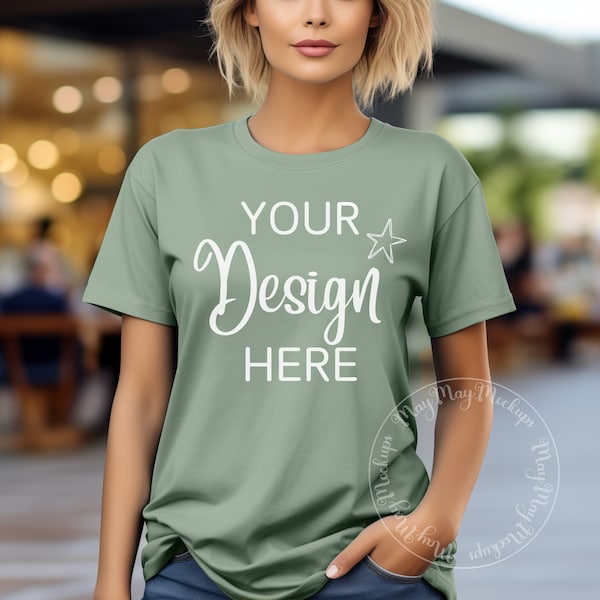 Gildan Tshirt Mockup 64000 Sage, Trendy Gildan Mock Up Lifestyle Mockup Gildan Sage T Shirt Female  Model Mockup Tee T-shirt Blank Oversized