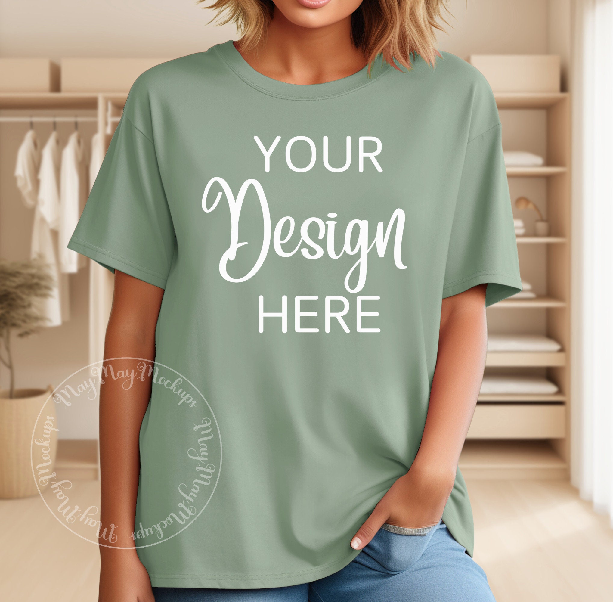 Gildan Tshirt Mockup 64000 Sage, Trendy T-shirt Mock Up Lifestyle Mockup Sage T Shirt Female Model Mockup Tee Shirt Blank Oversized