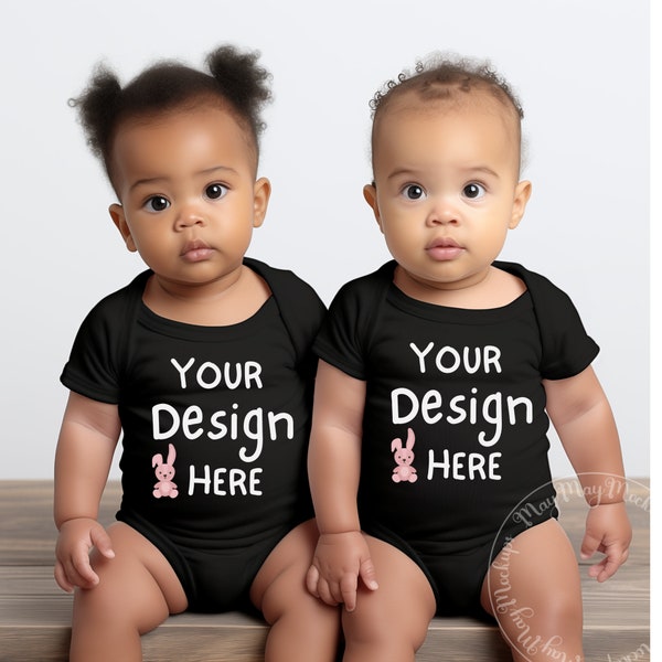 Twin Babies Rabbit Skins 4400 Black Bodysuit Baby Mock up Infant Bodysuit Black Romper Mockup