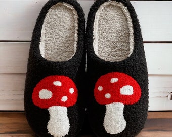 Black Mushroom Winter Women's Slippers, Cozy Embroidered Agaric Design, Mother's Day Gift, Holiday Gifts for Women, Gift Ideas for Her