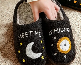 Cute Taylor Style Women's Slippers, Meet Me At Midnight Cozy Moon Embroidered Home Slides, Taylor Swift Slippers, Mother's Day Gift
