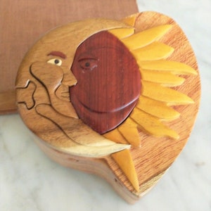 Sun & Moon - Pudełko-puzzle z naturalnego drewna intarsjowanego - ręcznie wykonane z egzotycznego drewna z sekretną przegródką