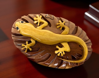 Gecko - Handcrafted Wooden Puzzle Box with Secret Compartment - All Natural Intarsia Wood Art