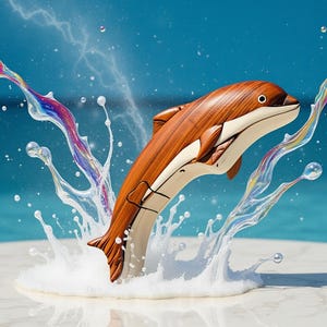 May include: A wooden dolphin sculpture leaping from water, with a brown body and white belly. The dolphin is surrounded by splashes of water and colorful, iridescent bubbles, set against a blue ocean backdrop.