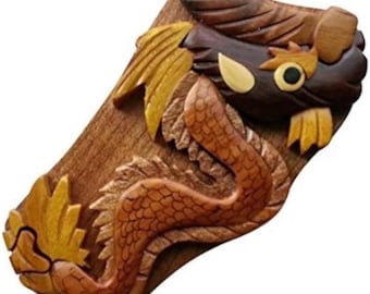 Dragon - Handcrafted Wooden Puzzle Box with Secret Compartment - All Natural Intarsia Wood Art