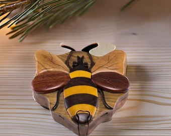 Bee - Wood Intarsia Puzzle Box - Handcrafted from Natural Exotic Woods