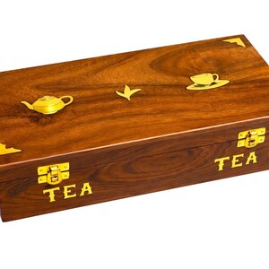 Handcrafted Rosewood Tea Storage Box with Brass Inlay, 8-Compartment, Artisan Made from South Asia