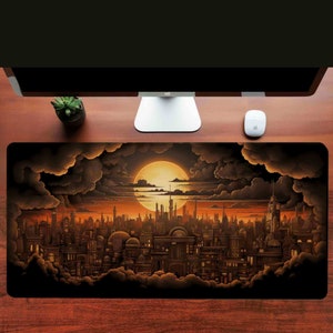 May include: A dark brown and orange cityscape with a large, bright yellow moon in the sky. The city is surrounded by clouds and the buildings are tall and narrow. The image is a digital illustration.