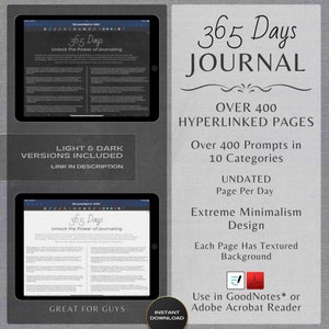 May include: A digital journal with a black and white design. The journal cover features the text "365 Days" and "Unlock the Power of Journaling". The journal is available in light and dark versions and includes over 400 prompts in 10 categories. The journal is undated and can be used in GoodNotes or Adobe Acrobat Reader.