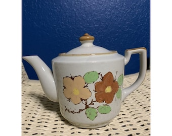 Vintage Japanese Tea Pot White w Hand Painted Tan/Brown Flowers - Made in Japan