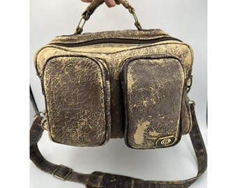 1970's Distressed Camera Bag Brown Canvas Pleather Satchel Strap Brass Steampunk
