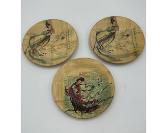 Vintage Asian Hand Painted Bamboo Plates 4" Collectible Plate LOT OF 3 Taiwan