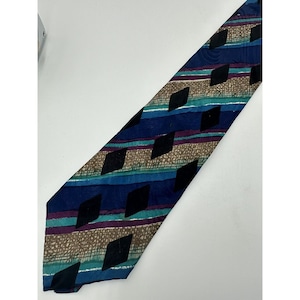 Bugatti Brown Blue Purple Striped 80s VTG Designer Tie Silk Mens Necktie Classic