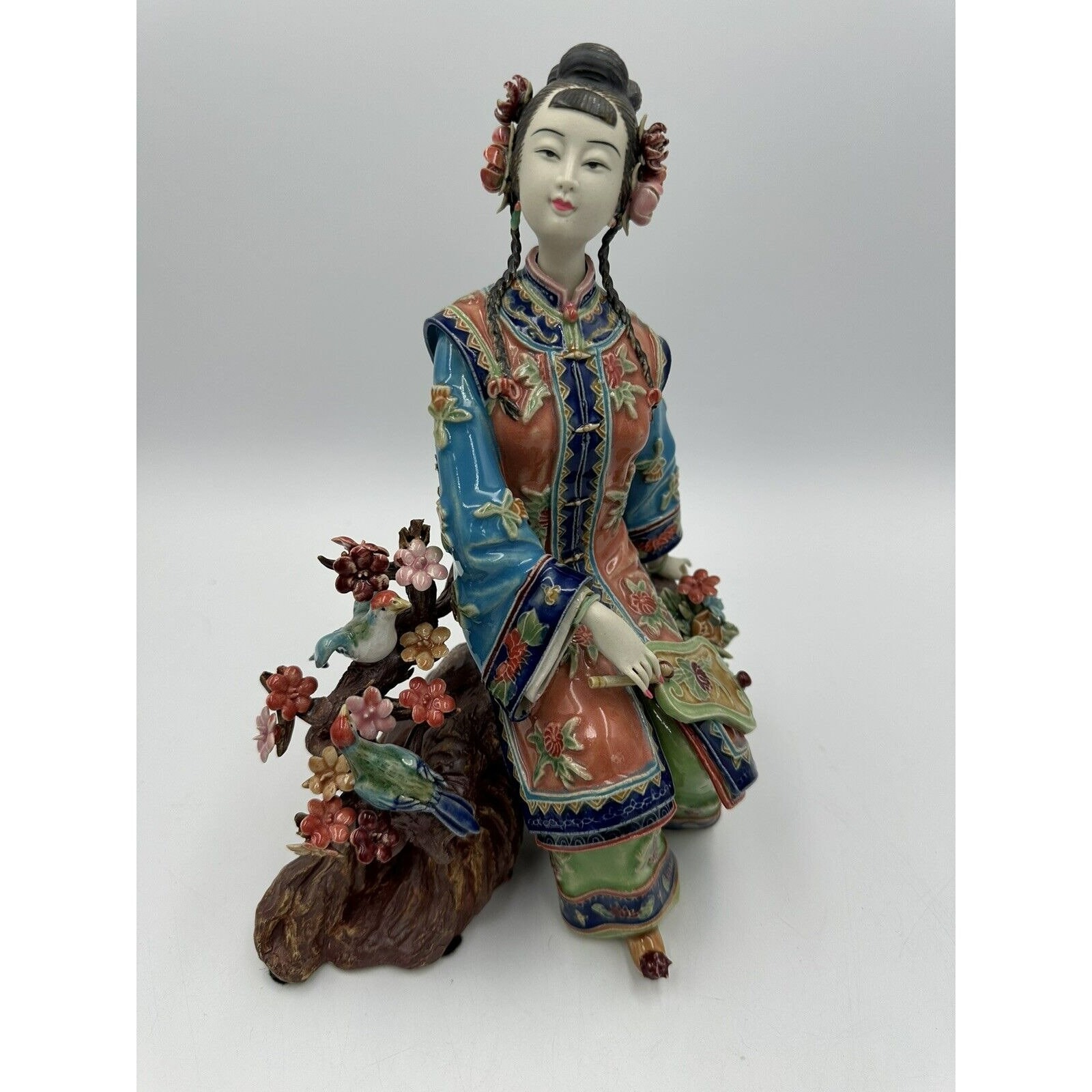 Wanwan おまとめ5点 VTG 10” Chinese Wucai Porcelain Shi Wan Sitting Lady Floral