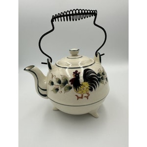 VTG Japanese Tea Pot Wire Handle Hand Painted Rooster Sunflowers Floral 6 1/2&quot;