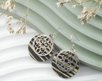 Hanging earrings made of wood and stainless steel, round earrings, mandala, gift idea for women, statement earrings, wooden earrings