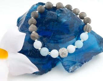 Aquamarijn parel armband, natuursteen kralen, elastische armband, cadeau-ideeën voor vrouwen, armband, blauwe dames armband, armbanden