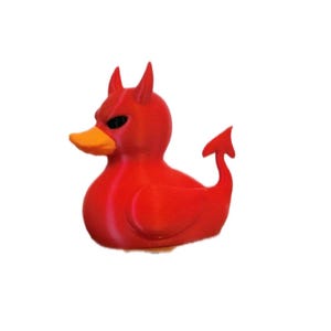 May include: A red rubber duck with devil horns, a tail, and an orange beak. The duck has an angry expression with black eyes. This novelty item is a fun and unique gift.