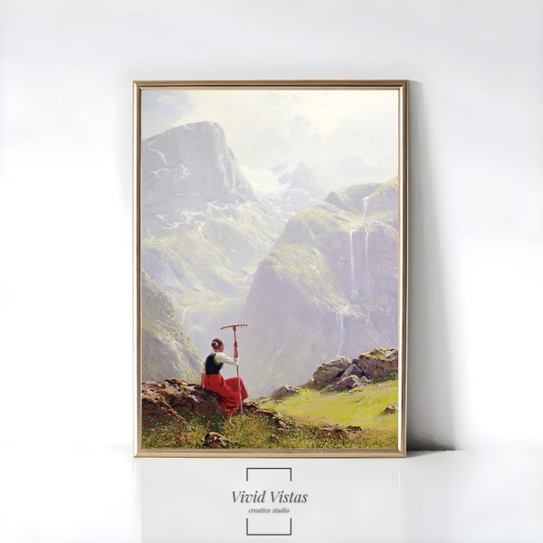 Woman In The Mountains Vintage Art Print Antique Oil Painting Bedroom Decor Moody Artwork Instant Download